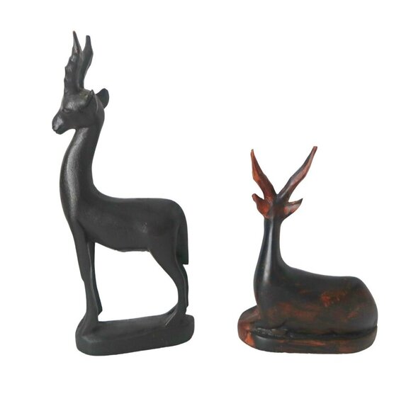 2 Hand Carved Ebony & Wood Antelope Sculpture Figurines Set - Picture 3 of 6